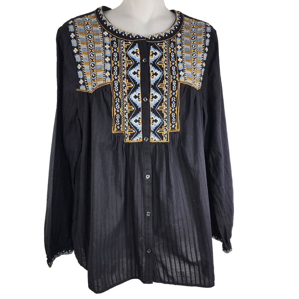 Pure Jill Elements Women Embroidered Button Top M Texture Geometric Western Boho